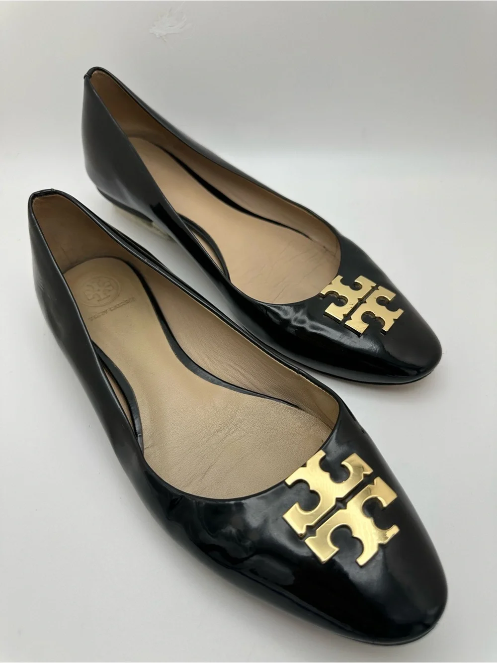 Tory Burch Black Patent Leather Logo Flats with Gold Emblem